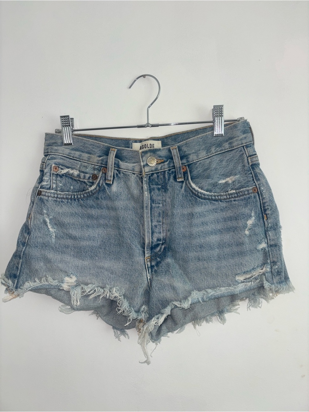 Agolde Light Blue Frayed Hem Denim Shorts